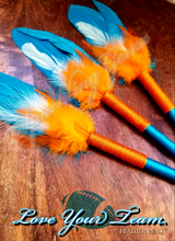Load image into Gallery viewer, "Love Your Team" Turquoise, Orange and White Faux Feather Pen