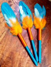 Load image into Gallery viewer, "Love Your Team" Turquoise, Orange and White Faux Feather Pen